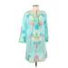 Debbie Katz Casual Dress - Shift Tie Neck 3/4 sleeves: Teal Floral Dresses - New - Women's Size Small