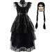 KAWELL Wednesday Addams Costume Dress for Girls Wednesday Cosplay Costume Halloween Outfit for 5-12 Years