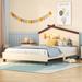 Cream Vintage Full Size Wood Platform Bed with House shaped Headboard and Motion Activated Night Lights for Kids, Teens, Boys
