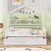 White Wooden Twin Size House Bed w/ Trundle & Shelf & Wood Slat Support, for Kids, Toddlers Parents Montessori Floor Bed