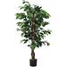 Artificial Ficus Silk Tree Potted Fake Tree w/Green Leaves and Natural Trunk Maintenance Free Tall Faux Plant for Indoor Outdoor Decoration