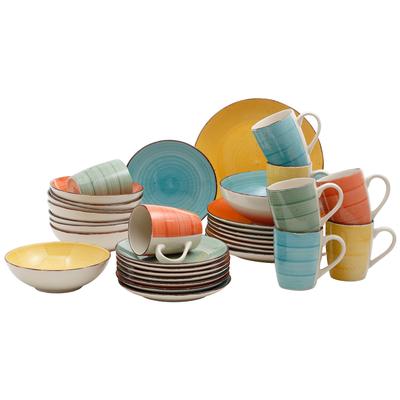 Kombiservice MY HOME "Geschirr-Set, Service Verceia", bunt (gelb, grün, orange, blau), 33 tlg., Steinzeug, Geschirr-Sets, Pinselstrich-Dekor, von Hand bemalt, 33 Teile Image