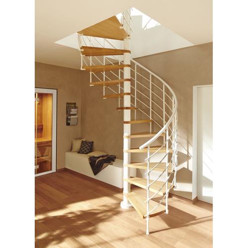 „DOLLE Spindeltreppe „“Oslo““ Treppen Ø 160 cm, Stufen aus Leimholz, lackiert, Metall pulverbeschichtet weiß Gr. gewendelt, braun (braun, weiß) Treppen“