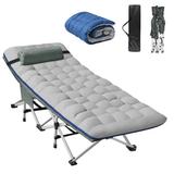 Suteck Folding Camping Cot, 74"L x 28"W x 15"H Portable Sleeping Cot w/ Mattress, Pillow & Storage Bag in Gray/Blue | 15 H x 28 W x 74 D in | Wayfair