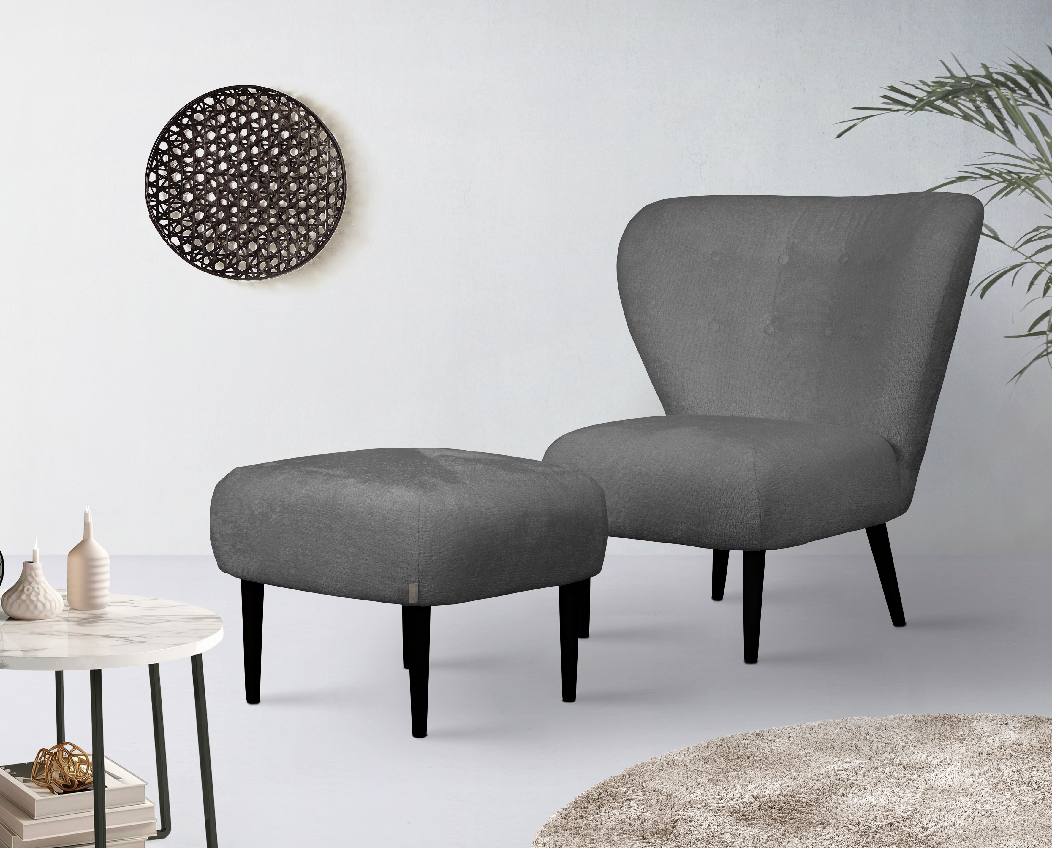 Sessel "Dinah", grau (anthrazit), B:84cm H:92cm T:83cm, 100% Polyester, LEGER HOME BY LENA GERCKE, Sessel, Sessel Sessel mit Hocker Einzelsessel Ohrensessel mit Hocker Ohrensessel, Knopfheftung im Rücken, wahlweise mit oder ohne Hocker