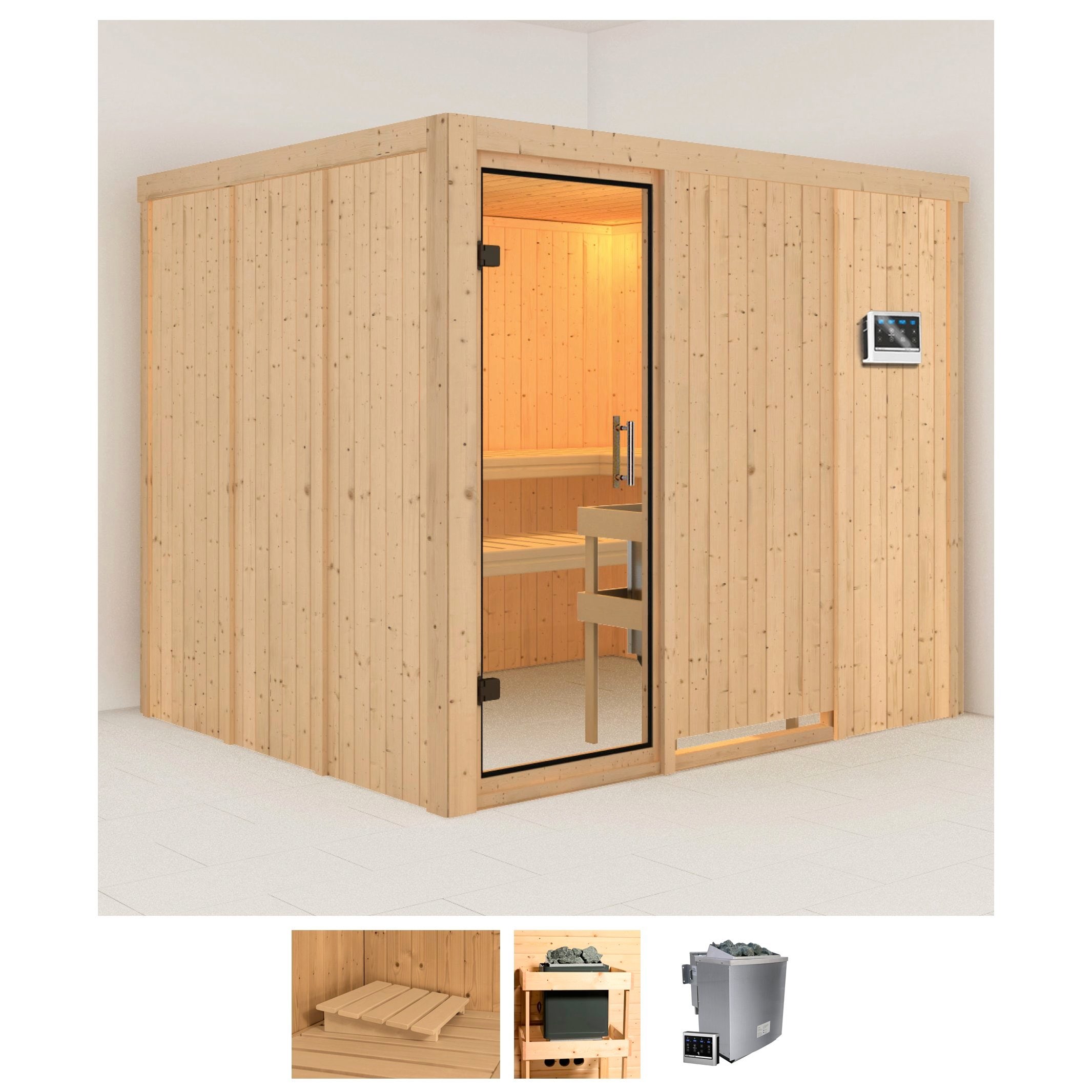 Sauna KARIBU "Gitte", beige (naturbelassen), Bio-Kombiofen, externe Steuerung, 9 kW, Saunen, 9-kW-Bio-Ofen mit externer Steuerung Image