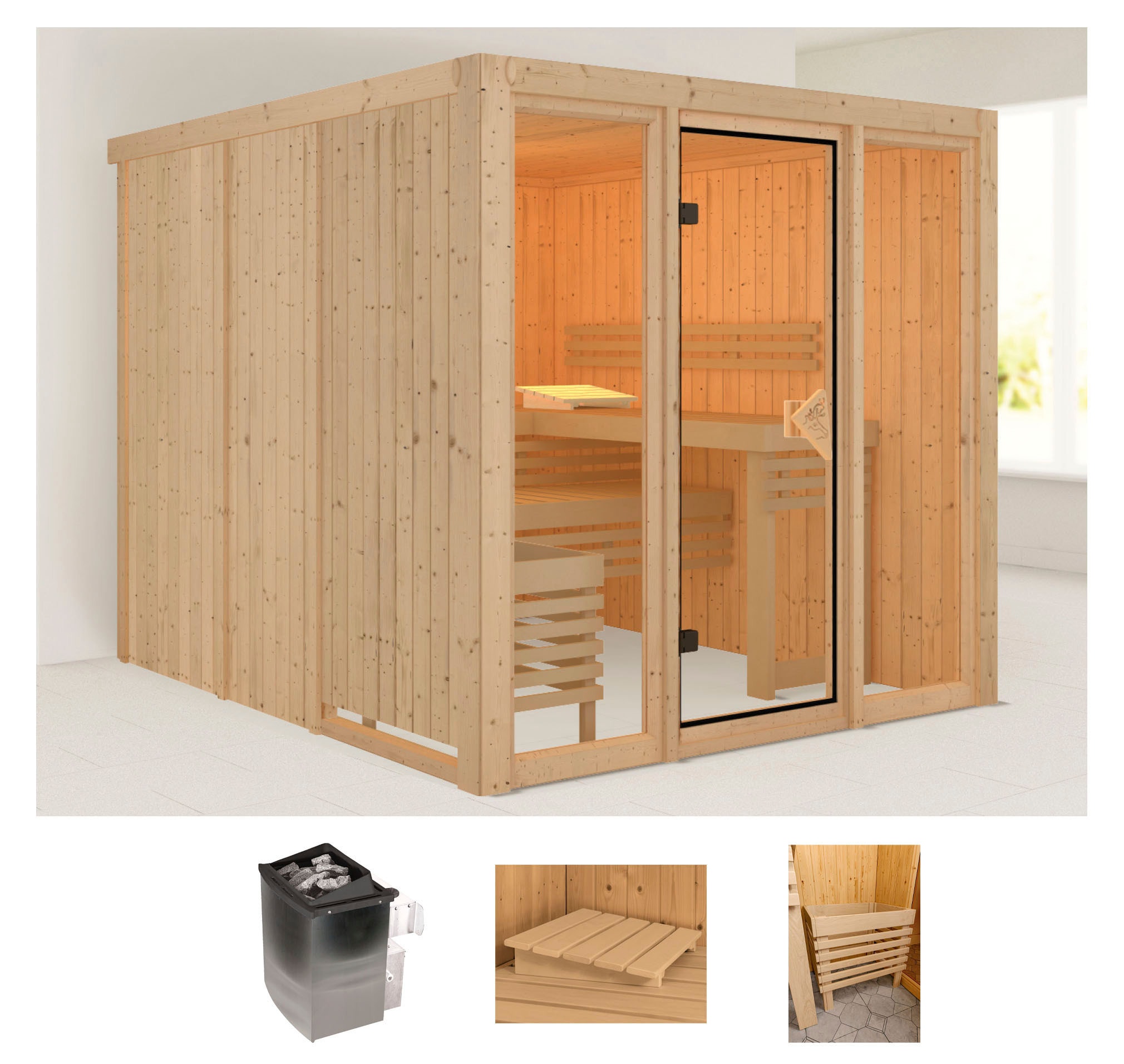 Sauna WELLTIME "Artja", beige (natur), Saunaofen, externe Steuerung, 9 kW, Saunen, naturbelassen, mit Ofen 9 kW int. Steuerung Image