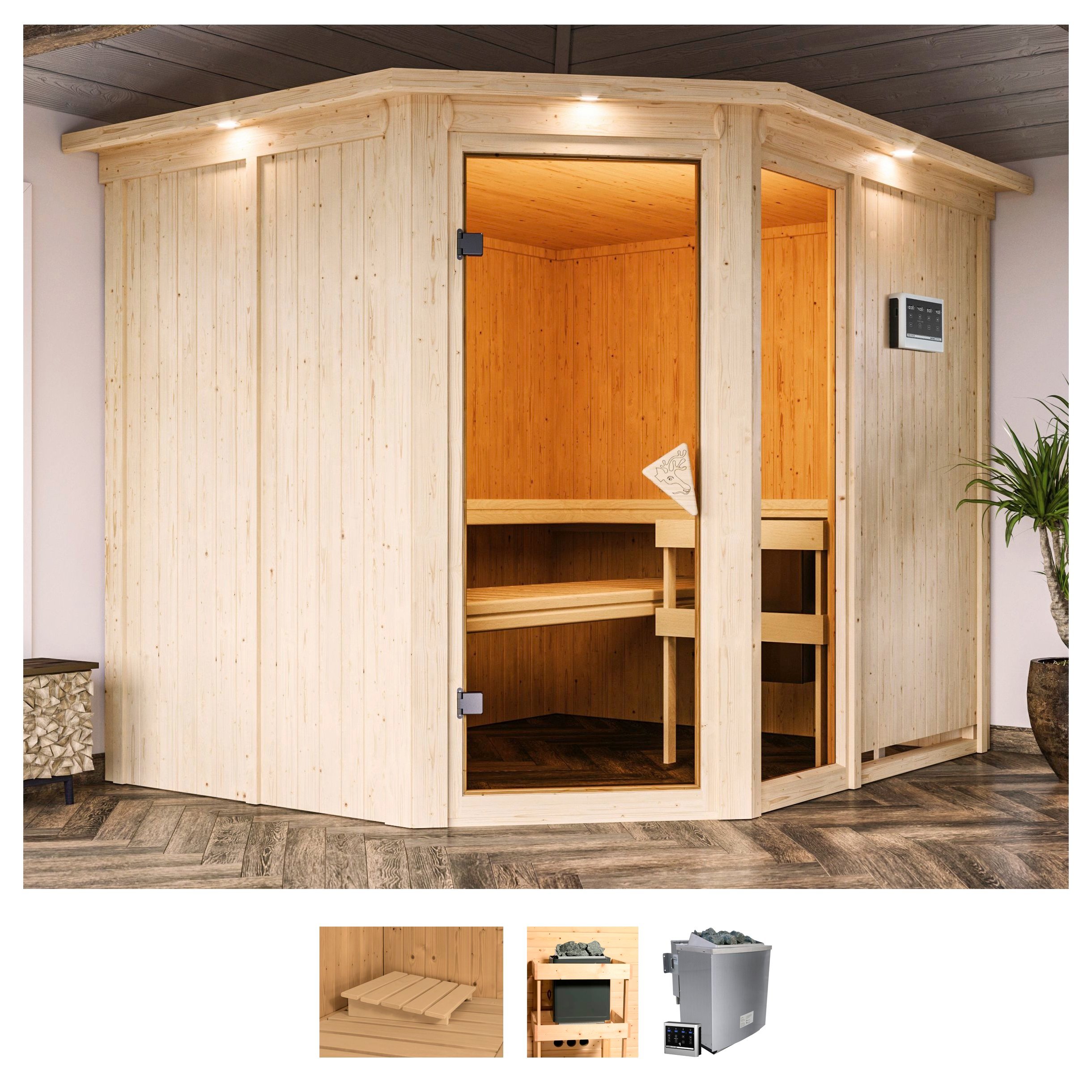 Sauna KARIBU "Frigga 3", beige (naturbelassen), Bio-Kombiofen, externe Steuerung, 9 kW, Saunen, 9-kW-Bio-Ofen mit externer Steuerung Image