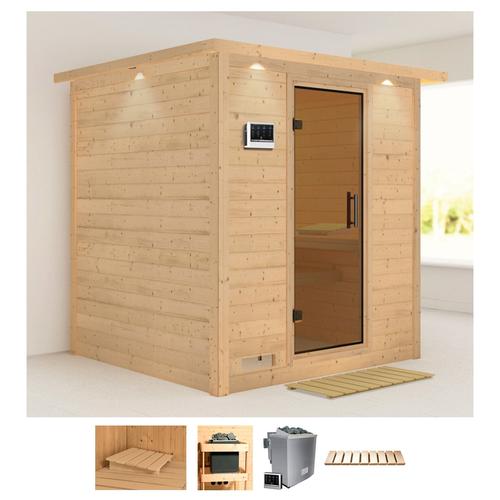 „KARIBU Sauna „“Menja““ Saunen 9-kW-Bio-Ofen mit externer Steuerung beige (naturbelassen) Saunen“