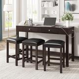 4-Pieces Counter Height Table Set with 3 Upholstered Stools and 2 Storage Drawer with Socket