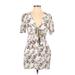 Cotton Candy LA Casual Dress - Mini Plunge Short sleeves: White Floral Dresses - Women's Size Large