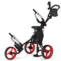COSTWAY 3 Wheel Golf Push Pull Cart, Lightweight Foldable Golf Trolley with Detachable Stool, 4 Height Position Handle, Adjustable Umbrella Stand, Storage Bag, Cup Holder and Foot Brake (Red)