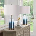 Everly Quinn Alastor Table Lamp w/ AC Outlet & USB & Type-C Included 2 Bulbs Glass/Linen in Blue | 23.2 H x 13 W x 13 D in | Wayfair