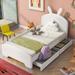 Twin Size White Wood Upholstered Platform Bed with Cartoon Ears Shaped Headboard and 2 Drawers