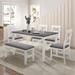 6 Piece Dining Table Set, Farmhouse Style Wood Rectangular Dining Table with Upholstered Bench and 4 Dining Chairs, White