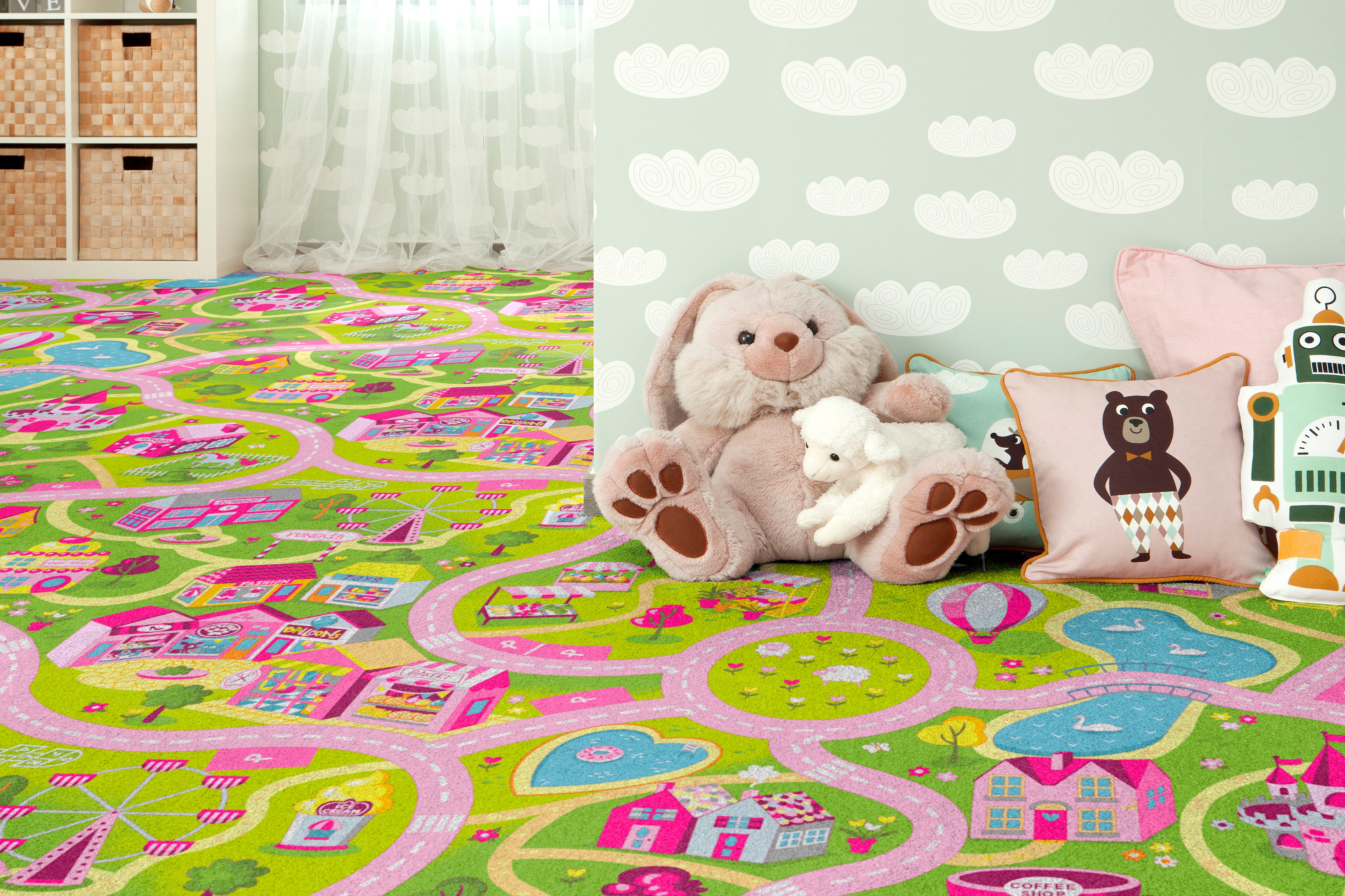 Teppichboden ANDIAMO "Sweet Towny, Schlinge, Made in Belgium", pink, B:400cm H:6,5mm L:800cm, Kunstfaser, Teppiche, bedruckt, Spielteppich, Breite 400 cm, Motiv Straße, Kinderzimmer