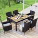 7 Piece Dining Sets and PE Rattan Steel Frame Armchair with Cushions, Patio Wicker Acacia Wood Dining Table, Black/ Natural