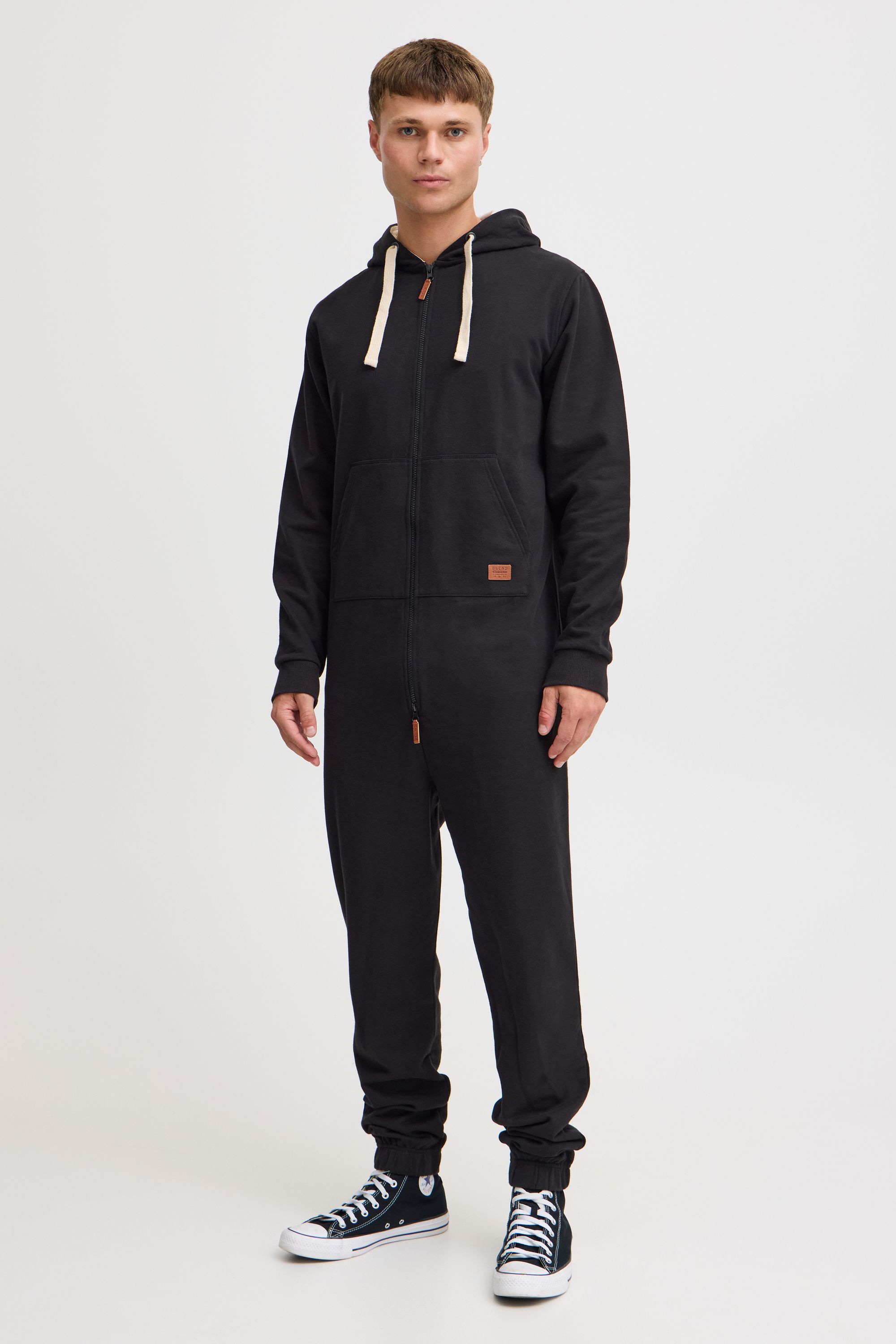 Overall BLEND "BHSalinho", Herren, Gr. L, US-Größen, schwarz, Sweatware, 60% Baumwolle, 40% Polyester, unifarben, regular fit lang, ohne Ausschnitt, Overalls Overall, Overall mit Fleece-Kapuze