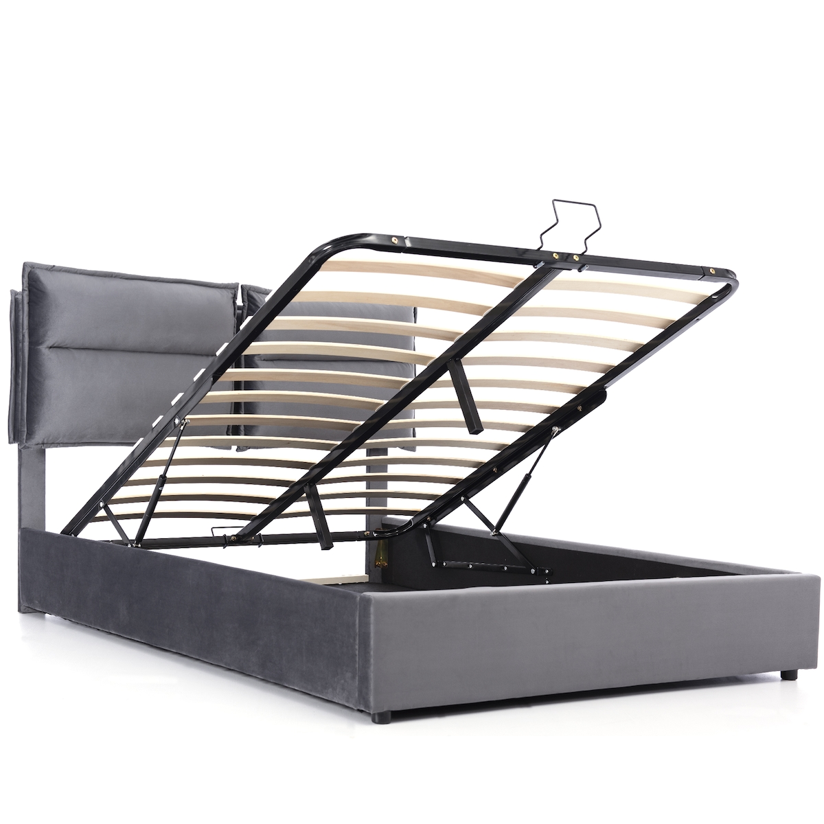 Merax Doppelbett 140x200 Polsterbett aus Samt mit Lattenrost & Hydraulische Stauraum Grau Image