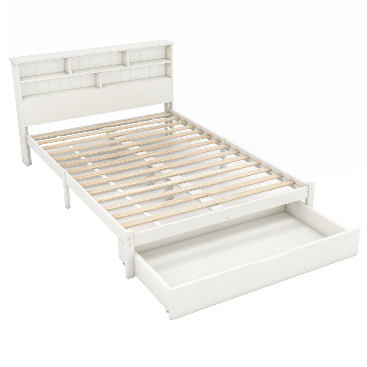 Merax Stauraumbett Doppelbett 140x200 Massivholzbett mit Schublade @ Kopfteil Bücherregal & Lattenrost Weiß Image