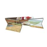 47 Inch Modern Bent Glass Coffee Table, Frosted Glass Lower Shelf, Clear