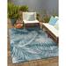 Allstar Rugs 5 0 x 6 11 Dark Cyan Modern Abstract Themed Polypropylene Outdoor Rug with a Gainsboro Grey Palm Leaf Pattern Design and Powder Blue Accents. Flatweave in Turkey.