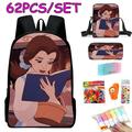 Beauty and the Beast Children School Bag Fashion Attractive Art Middle Girls Kids Book Bag with Crossbody Bag and Pen Bag 62Pcs for Aged 7 to 15 Years Good Gift For Girls Boys