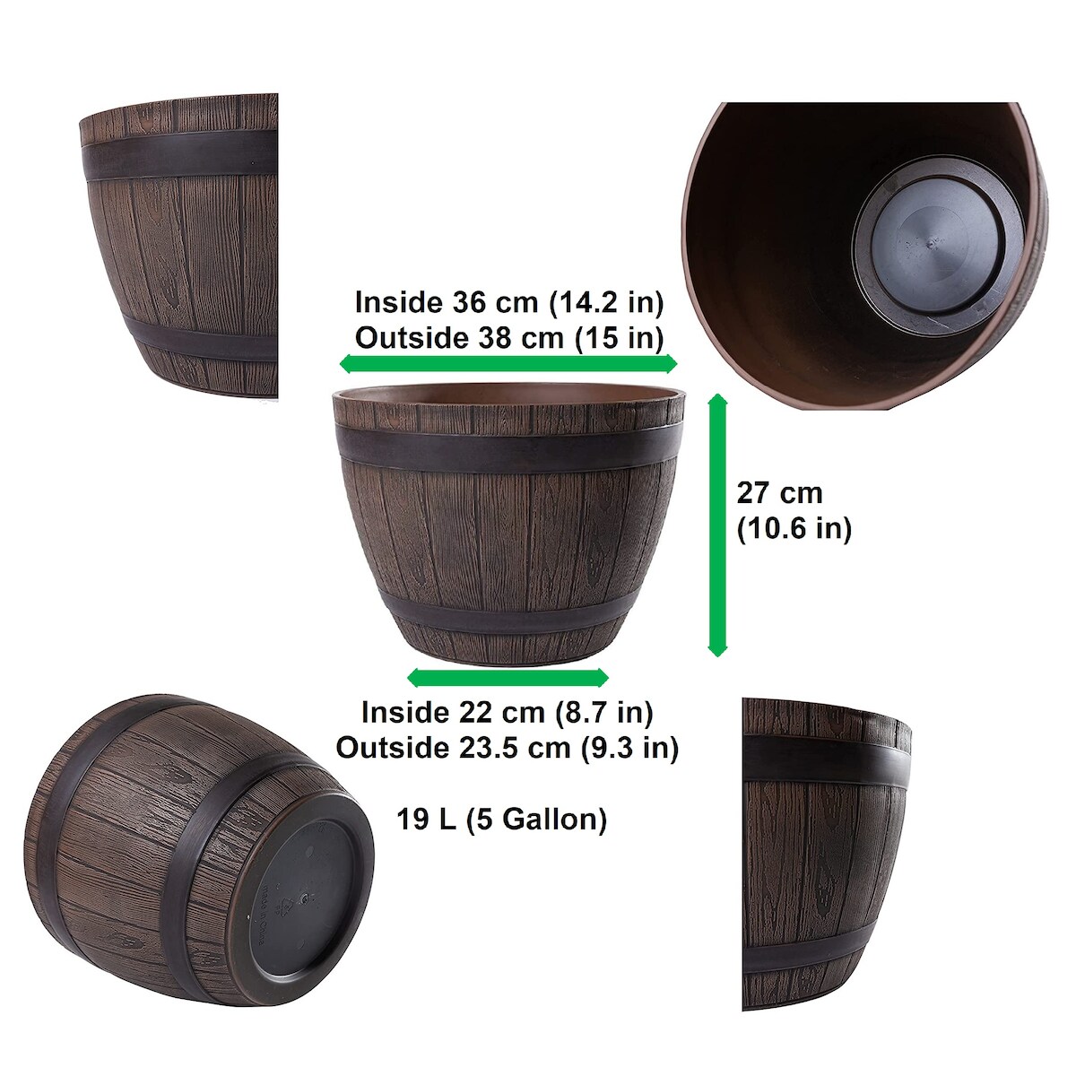 H&D Manufaktur Jinfa Pflanzkübel aus Kunststoff in Weinfass-Optik, Kastanie, Ø 38 cm – Ideal für Miniteich, Garten & Terrasse Image