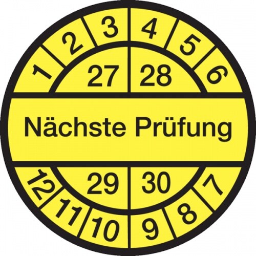 König Werbeanlagen Prüfplakette ab 27, Nächste Prüfung, schwarz/gelb, Dokumentenfolie, Ø 12,5/30 mm - Bogen = 10 Plaketten - 30 mm Dokumentenfolie selbstklebend Image