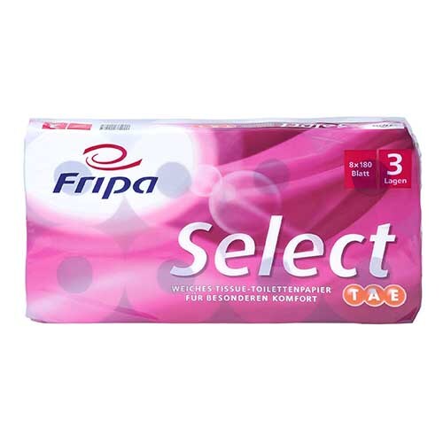 Fripa 8 Rollen Toilettenpapier, 3-lagiges Tissue Ø 12 cm · 13 cm x 9,8 cm hochweiss "Select TAE" 180 Blatt Image