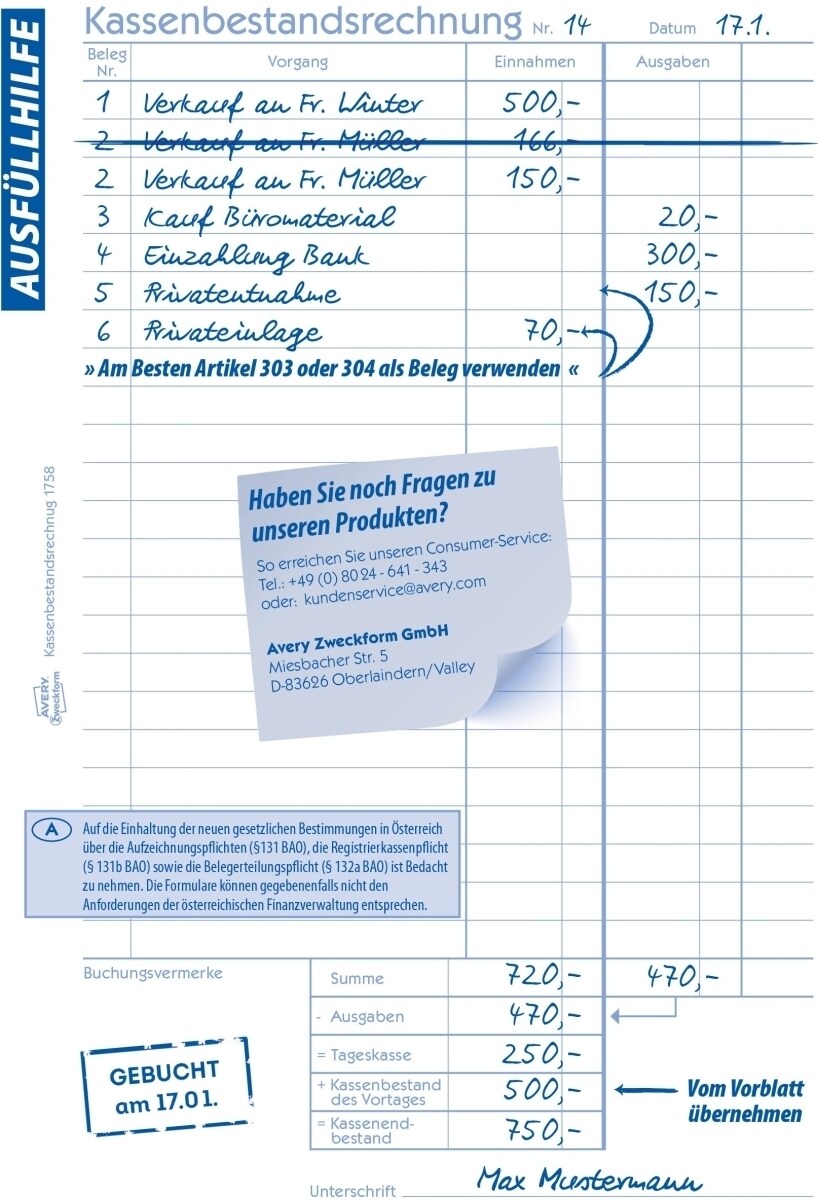 Avery Zweckform Formularbuch Kassenbericht A5 2x40 Blatt mit Ausfüllhilfe Image