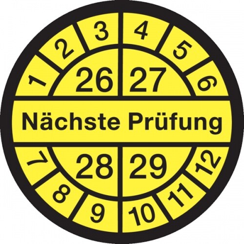 König Werbeanlagen Prüfplakette ab 26, Nächste Prüfung, schwarz/gelb, Dokumentenfolie, Ø 12,5/30 mm - Bogen = 10 Plaketten - 13 mm Dokumentenfolie selbstklebend Image