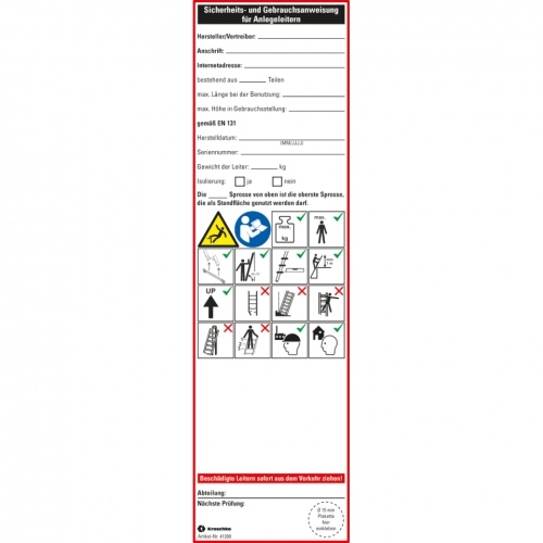Leiter-Gebrauchsanweisung Anlegeleiter, Folie, ablösbar, 65x225mm, 2/Bogen, DIN EN 131-3 Image