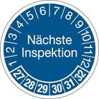 König Werbeanlagen Prüfplakette ab 27, Nächste Inspektion, blau/weiß, Folie, Ø 30 mm - Bogen = 10 Plaketten - 30 mm Folie selbstklebend