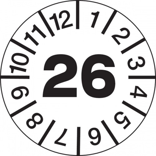 König Werbeanlagen Jahresprüfplaketten ab 26, Jahresfarben, Folie, Ø 10 - 30 mm - Bogen = 10 Plaketten - 15 mm Folie selbstklebend Image