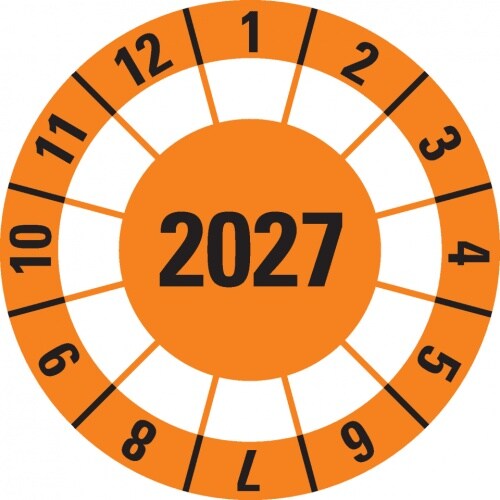 Dreifke® Prüfplakette 2027, orange, Dokumentenfolie, selbstklebend, Ø40mm,10 St/Bogen Image