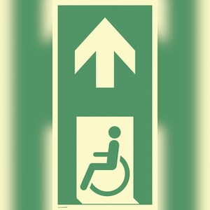 Schild Notausgang f. gehbeeintr. Pers. links Pfeil oben, Alu, nachl.,160-mcd, 148x297mm Image