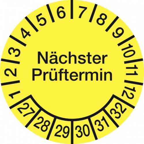 König Werbeanlagen Prüfplakette ab 27, Nächster Prüftermin, Folie, gelb/schwarz, Ø 15 - 30 mm - Bogen = 10 Plaketten - 15 mm Folie selbstklebend Image
