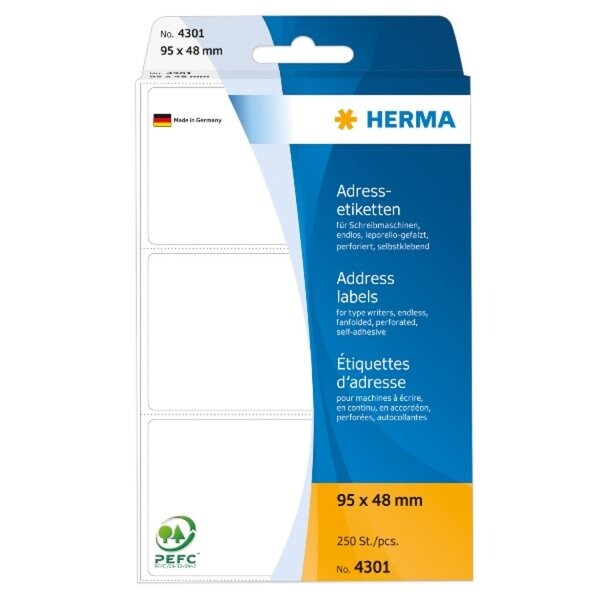 HERMA Adressetiketten für Schreibmaschinen 95x48 mm, 250 Etiketten, endlos leporello-gefalzt, weiß Papier matt Image
