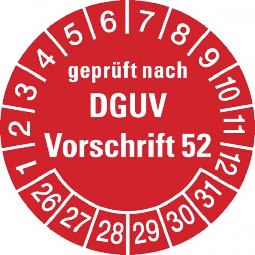 König Werbeanlagen Prüfplakette ab 26, geprüft nach DGUV Vorschrift 52, rot/weiß, Folie, Ø 30 mm - Bogen = 10 Plaketten - 30 mm Folie selbstklebend Image