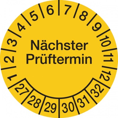 König Werbeanlagen Prüfplakette ab 27, Nächster Prüftermin, Folie, gelb/schwarz, Ø 60 mm - Bogen = 4 Plaketten - 60 mm Folie selbstklebend Image