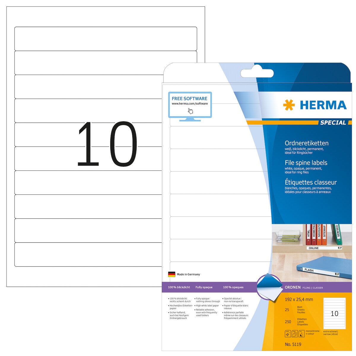 Herma Ordnerrückenschilder permanent haftend 192 x 25,4 mm weiss 25 Bl 250 Etik. LaserInkCopy Image