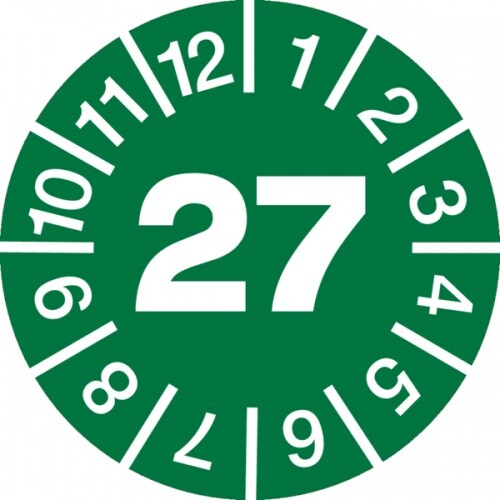 König Werbeanlagen Jahresprüfplaketten ab 27, Jahresfarben, Folie, Ø 10 - 30 mm - Bogen = 10 Plaketten - 20 mm Folie selbstklebend Image