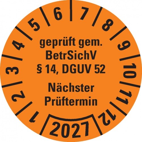 Dreifke® Prüfplakette BetrSichV §14,DGUV52,NP,2027,orange,Folie,Spezialkleber,Ø30mm,18 St/Bogen Image