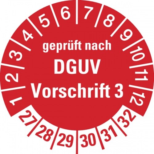König Werbeanlagen Prüfplakette ab 27, geprüft nach DGUV Vorschrift 3, rot/weiß, Ø 30 mm - Bogen = 10 Plaketten - 30 mm Folie selbstklebend Image