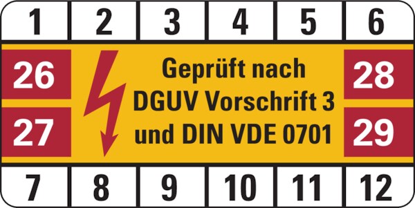Prüfplakette ab 26, DGUV Vorschrift 3 & DIN VDE 0701 - Bogen = 10 Plaketten - 50 x 25 mm Folie selbstklebend Image