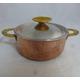 Vintage Two Handle Lidded Copper Casserole Pan Heavy Base, Gold Metal Handles & Lid Finial - Steel Interior - 9.75 in W with Riveted Handle