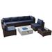 8 Pieces Patio Wicker Conversation Set with 28" Square Propane Fire Pit Table, Fire Pit Set, Beige / Navy Blue Cushions