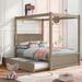 Full Size Canopy Bed with Trundle Bed, Wooden Four-Poster Canopy Platform Bed Frame with Support Slats, Light Brown