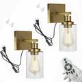 FSLiving Industrial Wall Sconce Plug-in Cord with Remote Control No Drilling Dimmable LED Edison Bulb Farmhouse Wall Hanging for Rustic Home Decor Backdrop Exhibition Stage Gold - Set of 2